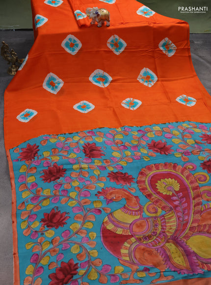 Printed silk saree orange and teal blue with shibori butta prints and kalamkari hand painted pallu & blouse