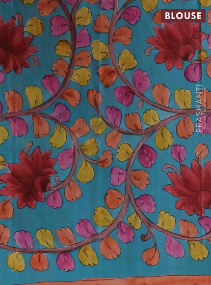 Printed silk saree orange and teal blue with shibori butta prints and kalamkari hand painted pallu & blouse