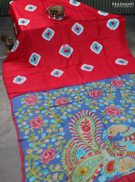 Printed silk saree red and blue with shibori butta prints and kalamkari hand painted pallu & blouse