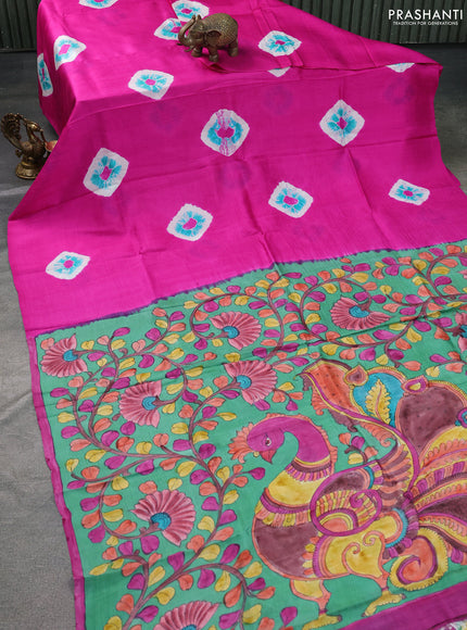 Printed silk saree pink and green with shibori butta prints and kalamkari hand painted pallu & blouse