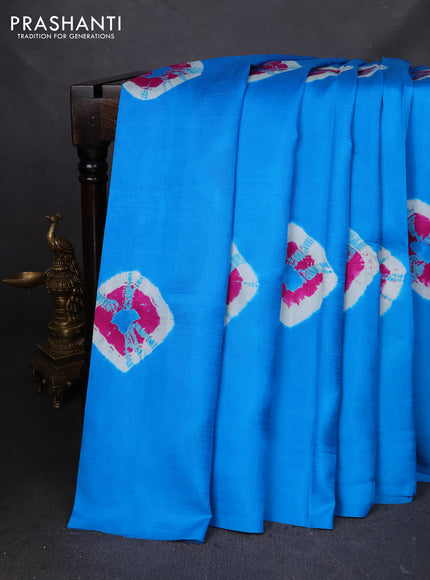 Printed silk saree cs blue and mustard yellow with shibori butta prints and kalamkari hand painted pallu & blouse