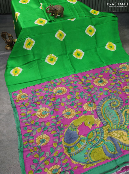 Printed silk saree green and purple with shibori butta prints and kalamkari hand painted pallu & blouse