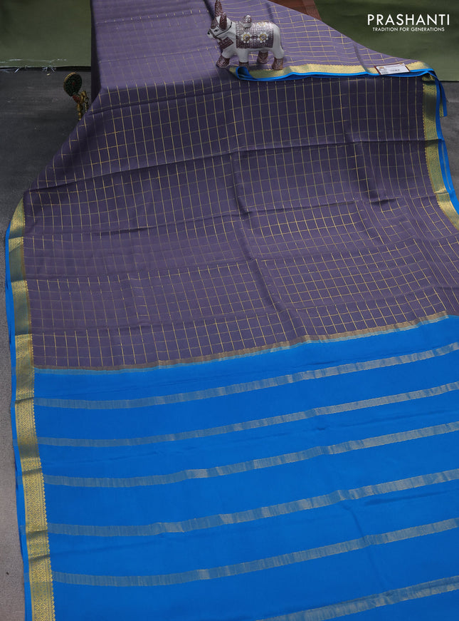 Pure mysore silk saree grey and cs blue with allover zari checks and zari woven border