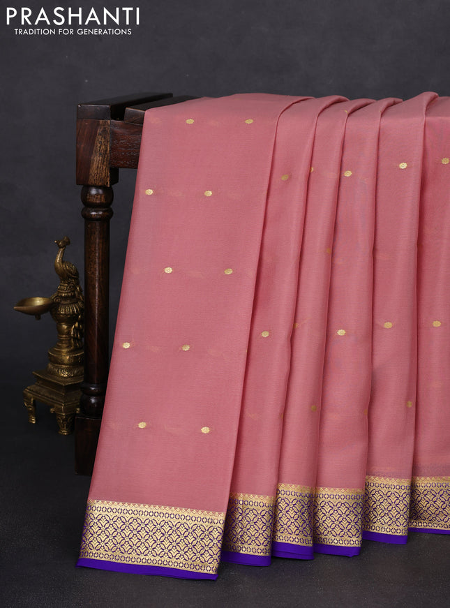 Pure mysore silk saree peach pink and violet with zari woven buttas and zari woven border