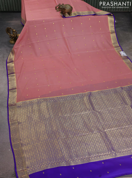Pure mysore silk saree peach pink and violet with zari woven buttas and zari woven border