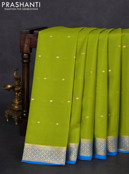 Pure mysore silk saree lime green and cs blue with zari woven buttas and zari woven border