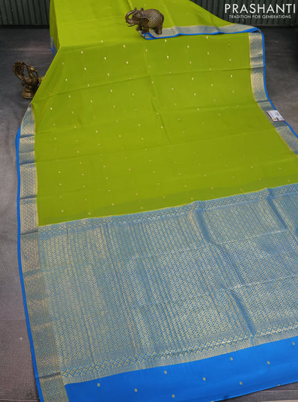 Pure mysore silk saree lime green and cs blue with zari woven buttas and zari woven border
