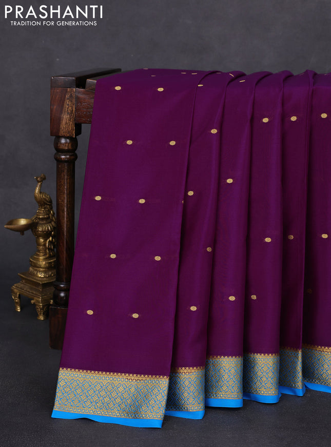 Pure mysore silk saree deep purple and cs blue with zari woven buttas and zari woven border