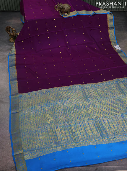 Pure mysore silk saree deep purple and cs blue with zari woven buttas and zari woven border