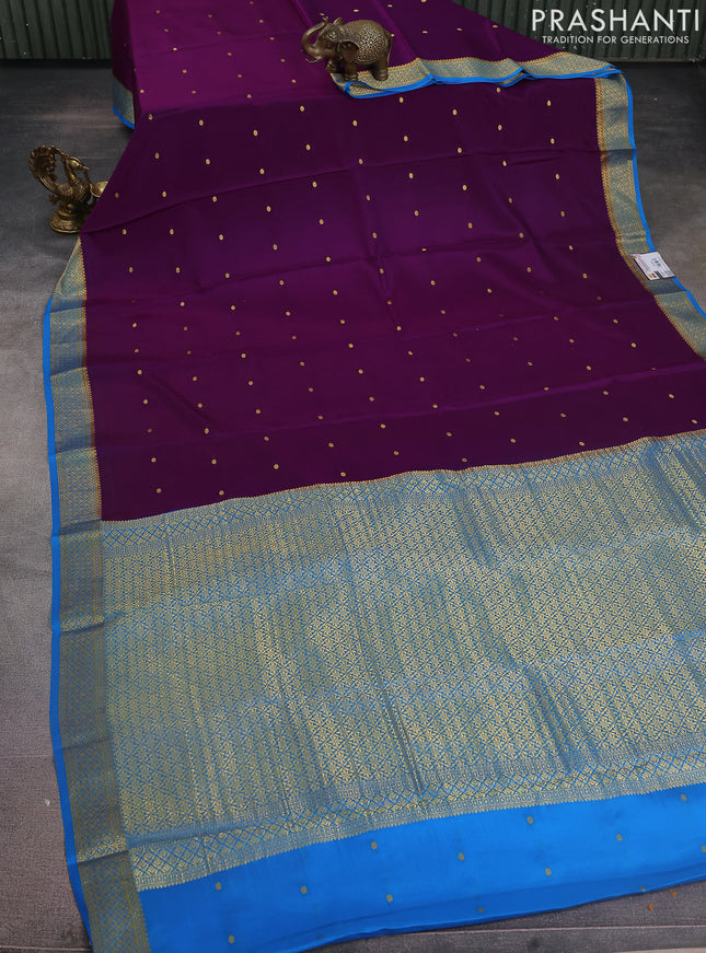 Pure mysore silk saree deep purple and cs blue with zari woven buttas and zari woven border