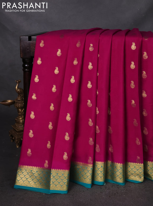 Pure mysore silk saree pink and teal blue with zari woven buttas and zari woven border