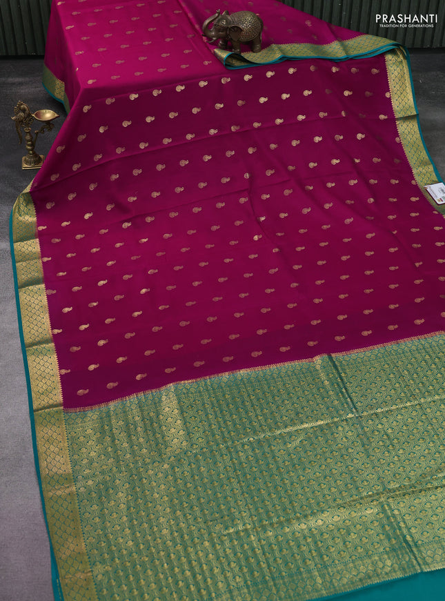 Pure mysore silk saree pink and teal blue with zari woven buttas and zari woven border