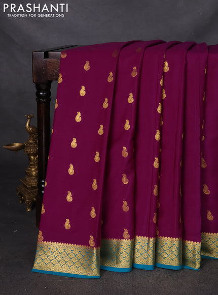 Pure mysore silk saree purple and teal blue with zari woven buttas and zari woven border