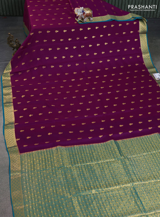 Pure mysore silk saree purple and teal blue with zari woven buttas and zari woven border