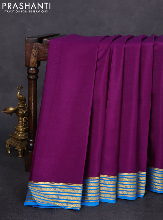 Pure mysore silk saree purple and cs blue with plain body and zari woven border