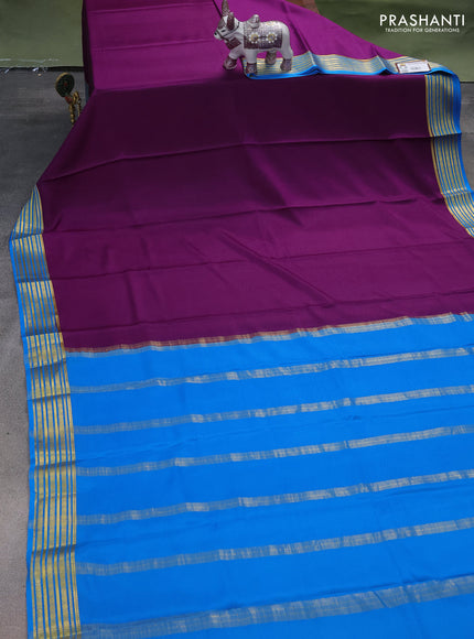 Pure mysore silk saree purple and cs blue with plain body and zari woven border