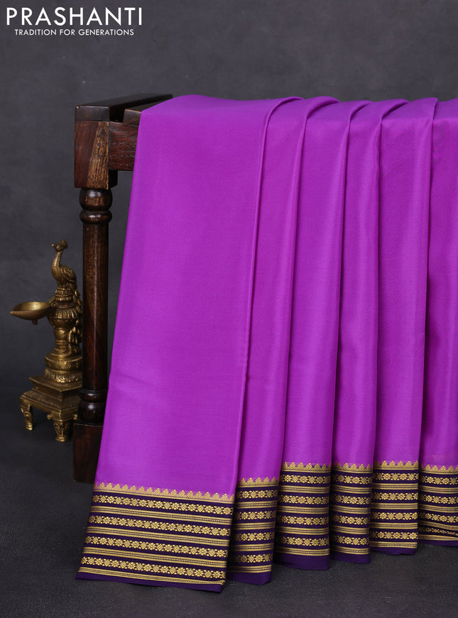 Pure mysore silk saree lavender and violet with plain body and zari woven border