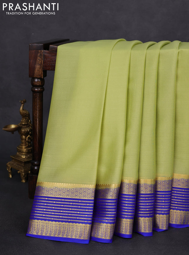 Pure mysore silk saree pista green and blue with plain body and zari woven border