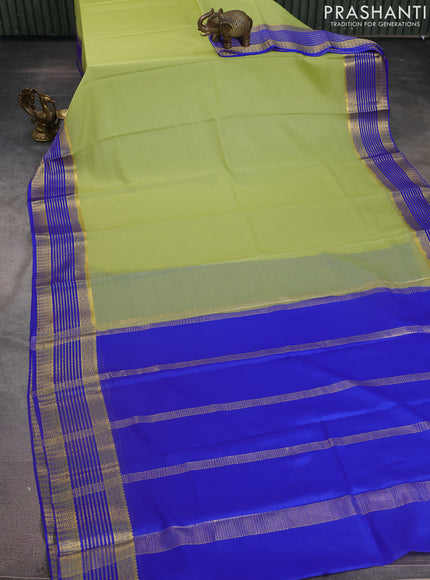 Pure mysore silk saree pista green and blue with plain body and zari woven border