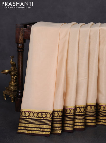 Pure mysore silk saree cream and deep coffee brown with plain body and zari woven border
