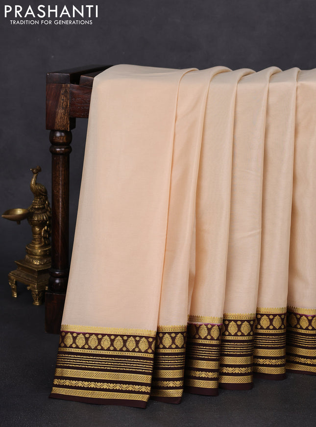 Pure mysore silk saree cream and deep coffee brown with plain body and zari woven border