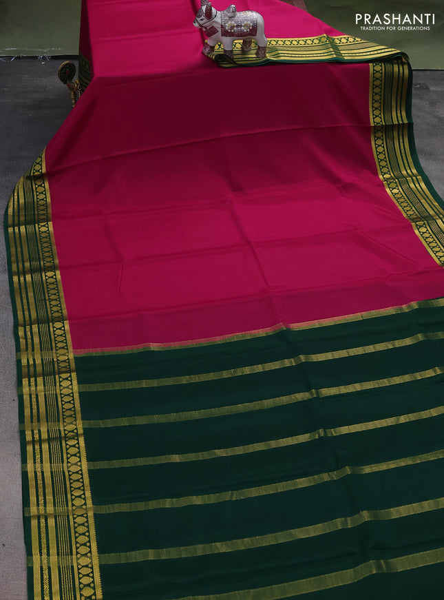 Pure mysore silk saree pink and green with plain body and zari woven border
