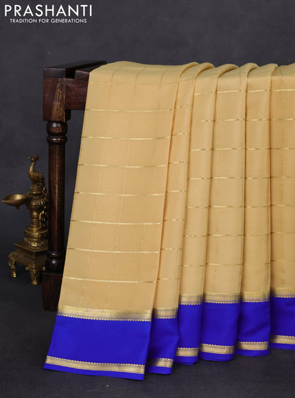 Pure mysore silk saree pale yellow and royal blue with allover zari checked pattern and rettapet zari woven border
