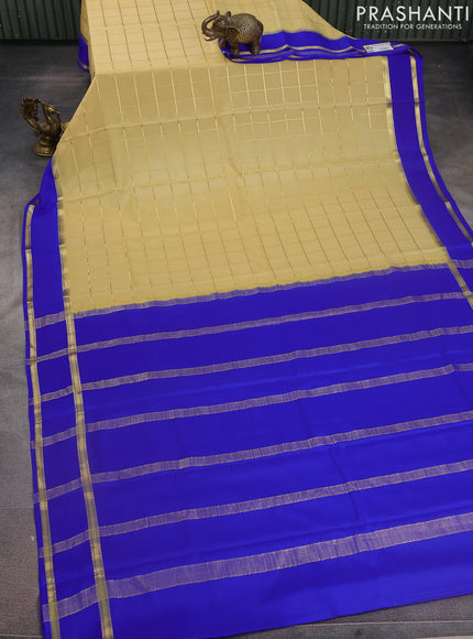 Pure mysore silk saree pale yellow and royal blue with allover zari checked pattern and rettapet zari woven border