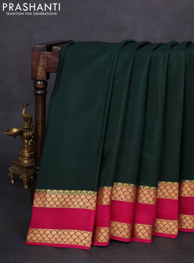 Pure mysore silk saree dark green and pink with plain body and zari woven border