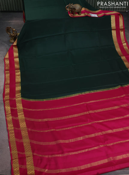 Pure mysore silk saree dark green and pink with plain body and zari woven border