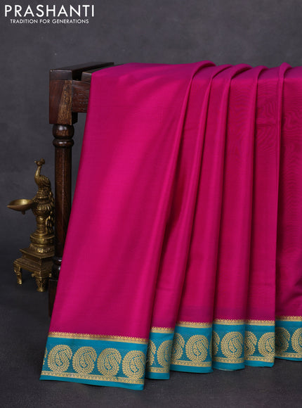 Pure mysore silk saree pink and teal blue with plain body and paisley zari woven border