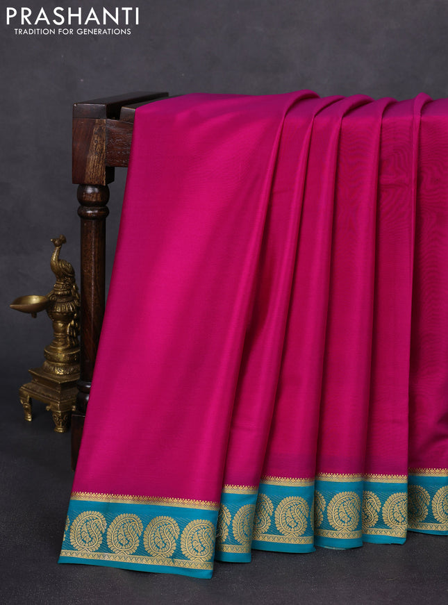Pure mysore silk saree pink and teal blue with plain body and paisley zari woven border