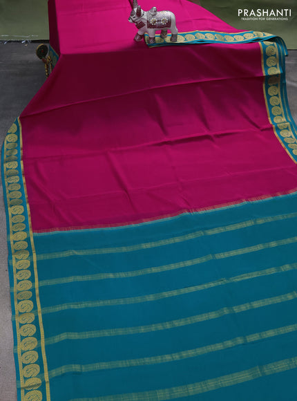 Pure mysore silk saree pink and teal blue with plain body and paisley zari woven border