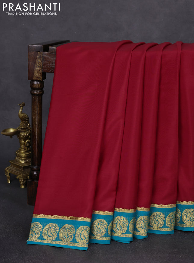 Pure mysore silk saree red and teal blue with plain body and paisley zari woven border
