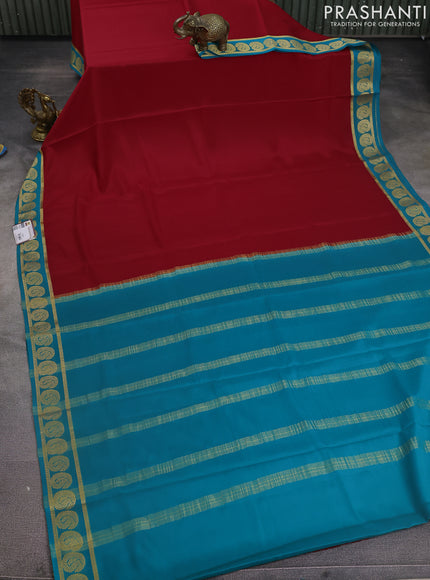 Pure mysore silk saree red and teal blue with plain body and paisley zari woven border