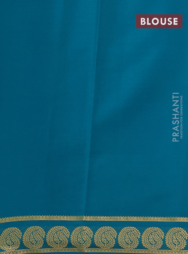 Pure mysore silk saree red and teal blue with plain body and paisley zari woven border