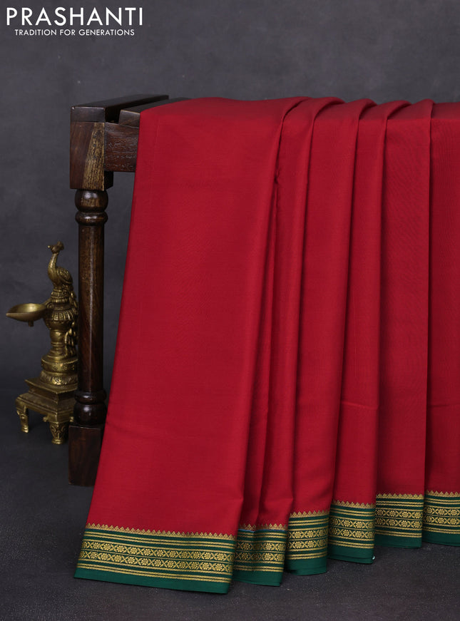 Pure mysore silk saree red and green with plain body and zari woven border