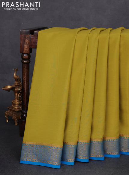 Pure mysore silk saree lime green and cs blue with plain body and zari woven border