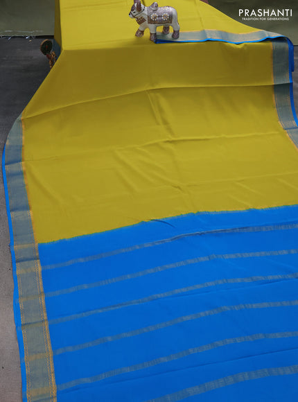Pure mysore silk saree lime green and cs blue with plain body and zari woven border