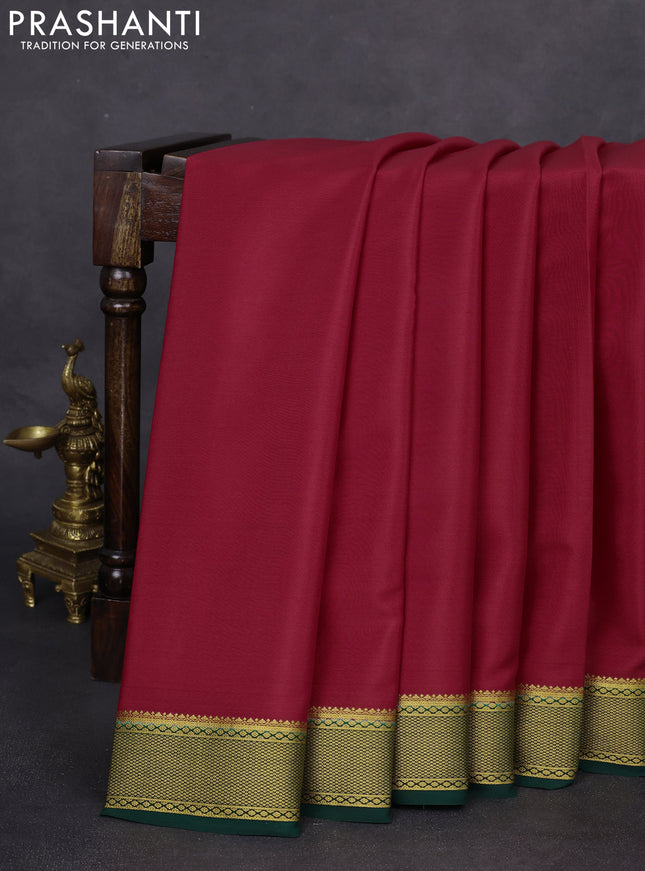 Pure mysore silk saree red and green with plain body and zari woven border