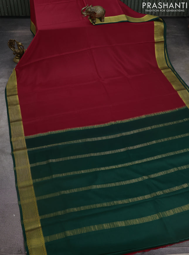 Pure mysore silk saree red and green with plain body and zari woven border