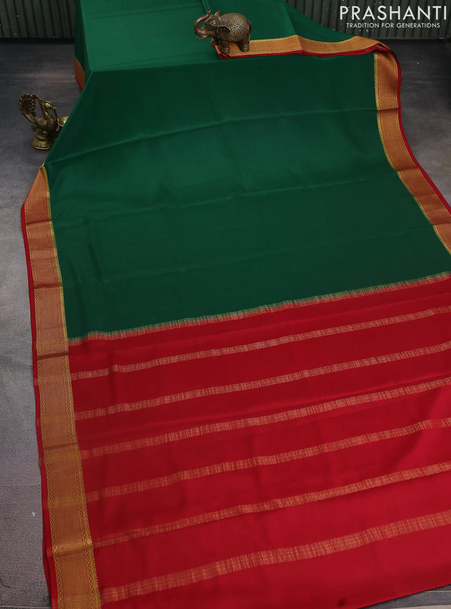 Pure mysore silk saree green and red with plain body and zari woven border