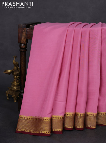 Pure mysore silk saree mauve pink and maroon with plain body and zari woven border