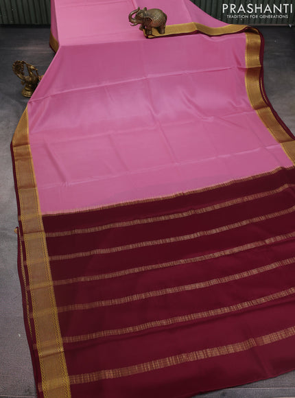 Pure mysore silk saree mauve pink and maroon with plain body and zari woven border