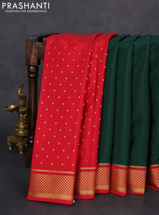 Pure mysore partly silk saree green and red with plain body and zari woven border