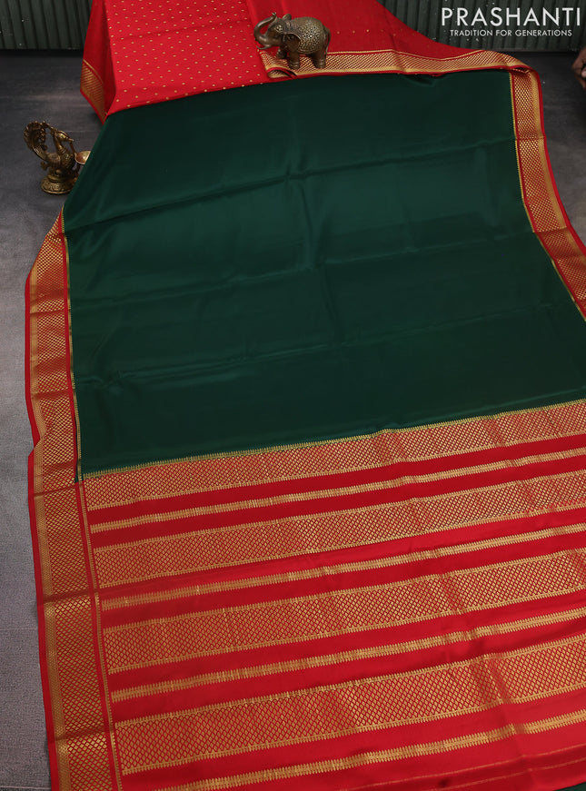Pure mysore partly silk saree green and red with plain body and zari woven border