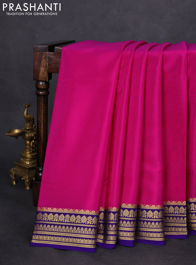 Pure mysore silk saree pink and violet with plain body and zari woven border