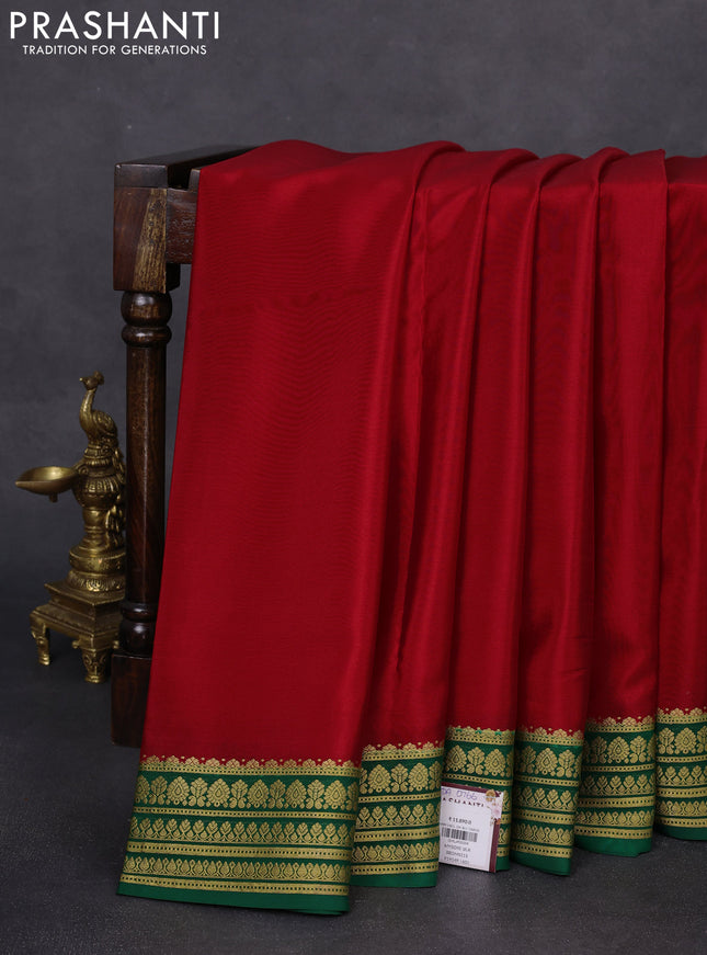 Pure mysore silk saree red and green with plain body and zari woven border