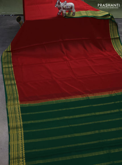Pure mysore silk saree red and green with plain body and zari woven border