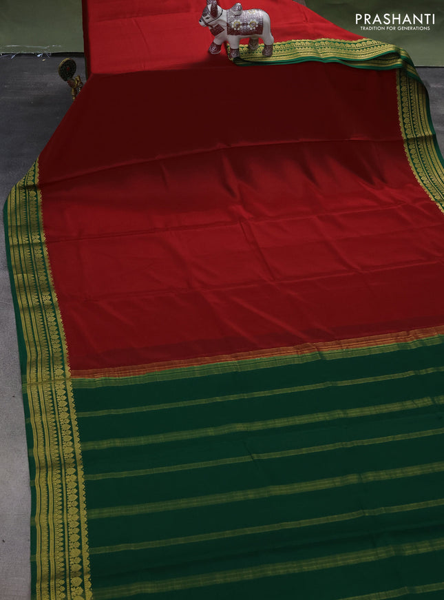 Pure mysore silk saree red and green with plain body and zari woven border